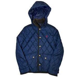 Polo Ralph Lauren Boys Navy Quilted Hooded Barn Snap Button Jacket Medium 10-12